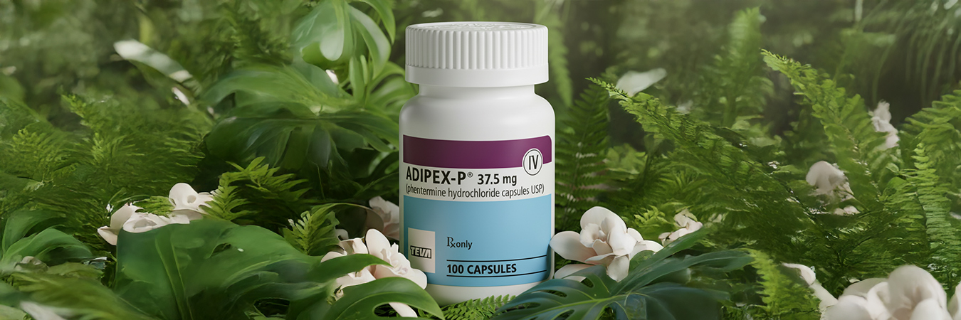 Teva Adipex-P 37,5 mg phentermine hydrochloride tartalmú készítmény zöld növényekkel körülvéve