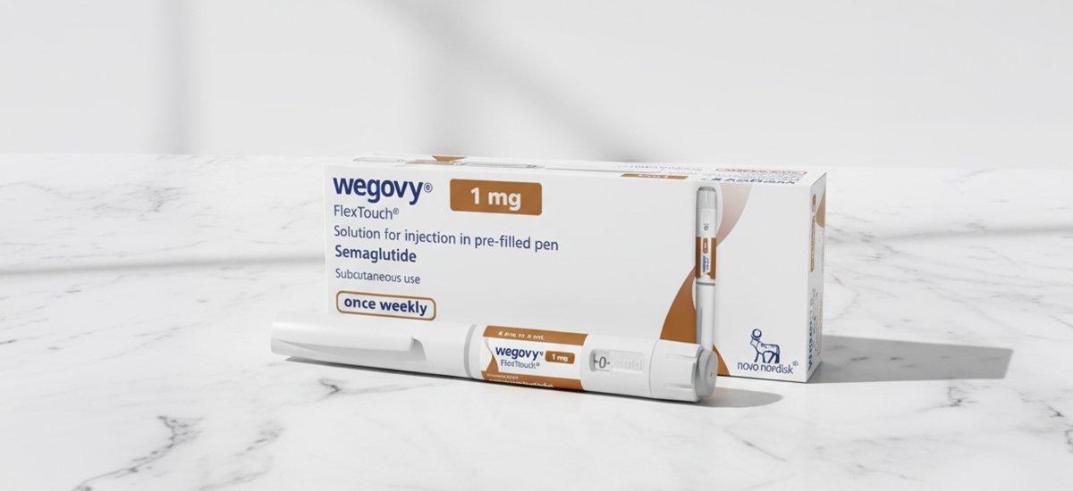 Wegovy 1 mg szemaglutid előretöltött injekciós toll és doboz fehér márvány felületen