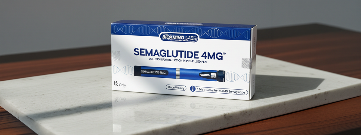 Bioamino Labs semaglutid 4 mg injekciós toll doboz márvány felületen elhelyezve