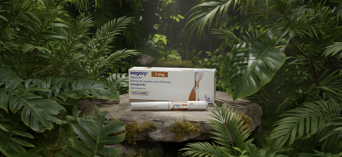 Wegovy szemaglutid előretöltött injekciós toll dobozzal zöld növények között