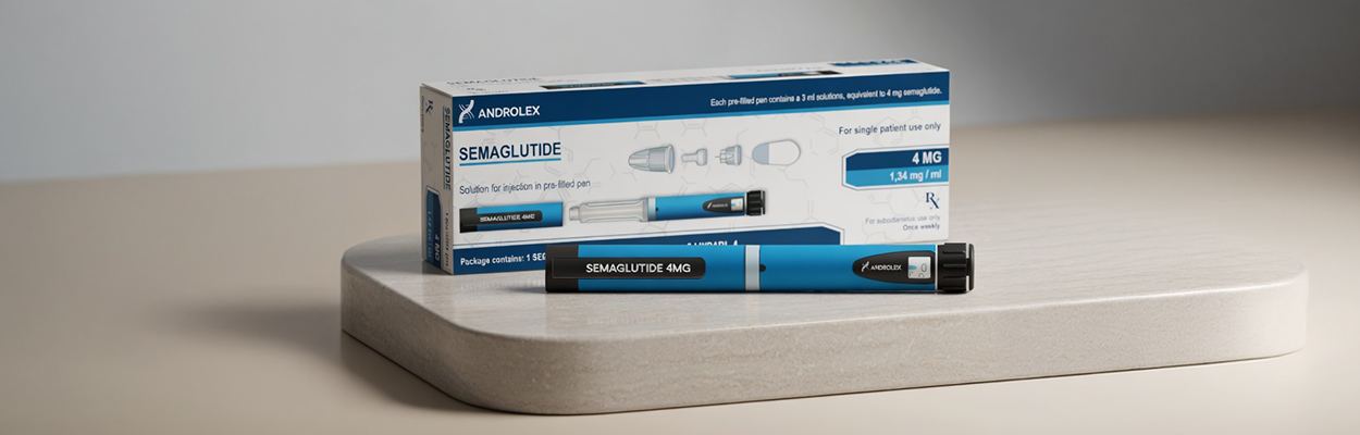 Androlex fogyasztó injekció semaglutid toll 4 mg és doboza letisztult háttéren termékfotón