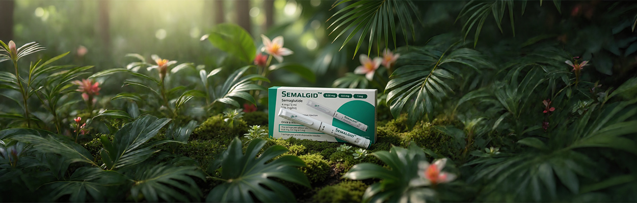 Semaglutid toll 4mg Semalgid injekciós toll doboza természetes környezetben, növények között elhelyezve, a fogyás és étvágycsökkentés témájához